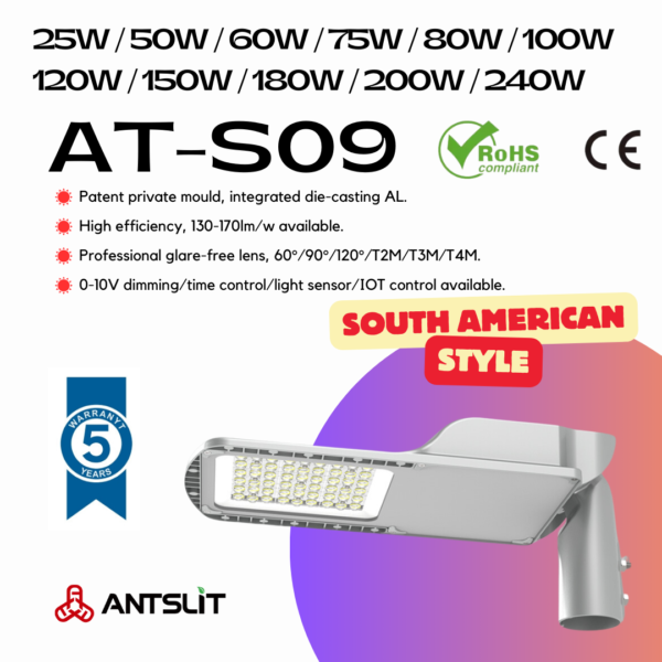 AT-S09 新型LED街路灯 | 170lm/W高効率 IP66防水 25W-180W グレアフリー レンズ 0-10V調光対応 都市道路照明 - Antslit