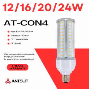 AT-CON4シリーズ 低出力LEDコーン電球 | 12W-24W 140lm/W IP65防水 E26/E39ベース HID/CFL代替 360°配光 - Antslit