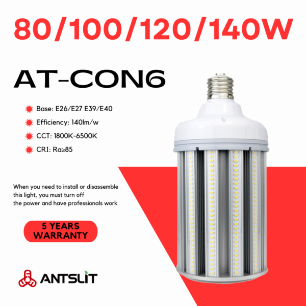 AT-CON6シリーズ 高出力LEDコーン電球 | 80W-140W 140lm/W効率 IP65防水 E39/E40ベース HID/CFL代替 360°配光 - Antslit