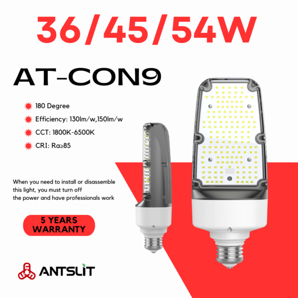 AT-CON9シリーズ 180° LEDコーン電球 | 商業グレード 高効率130-150lm/W IP65防水 36W-54W 多用途照明 - Antslit